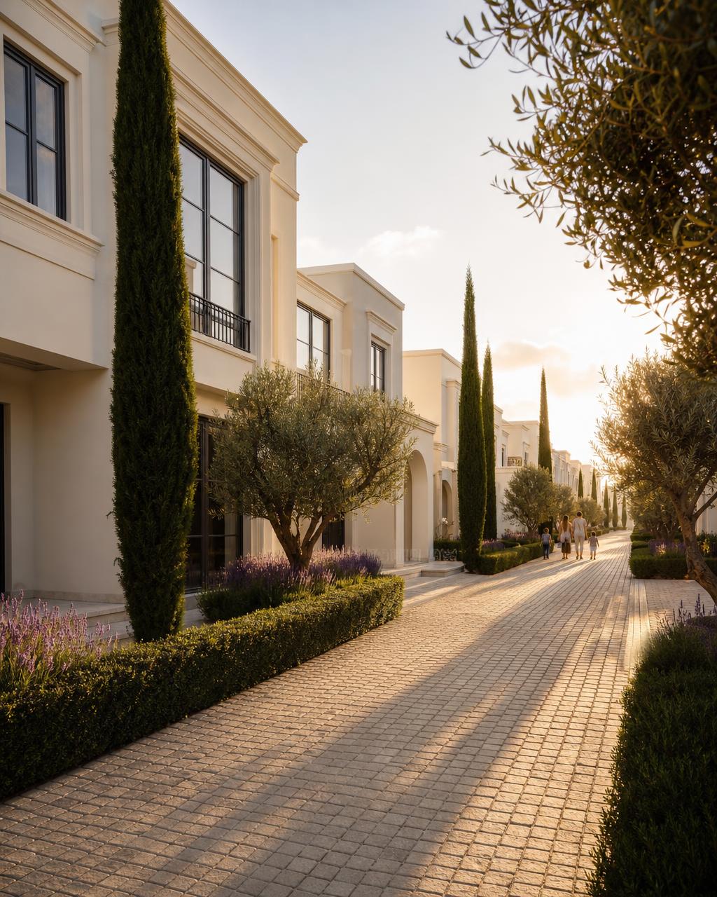Townhouse cluster with landscaped street